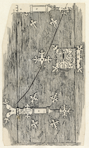 107520 Afbeelding van een muurkastje met gotisch ijzeren beslag, afkomstig uit het kasteel te IJsselstein.